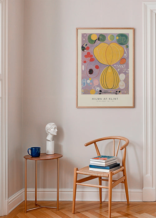 Abstract kunstwerk met botanische vormen en gele cirkels