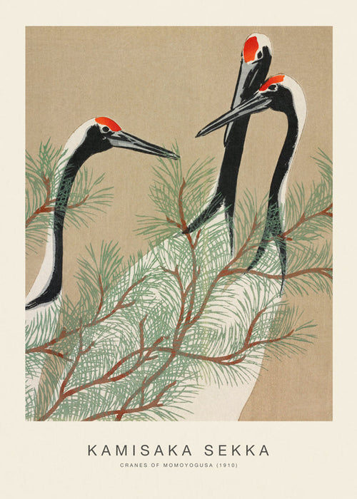Artwork Japanse kraanvogels tussen dennen