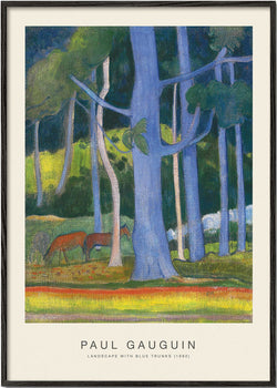 Landschap kunst met blauwe stammen en herten