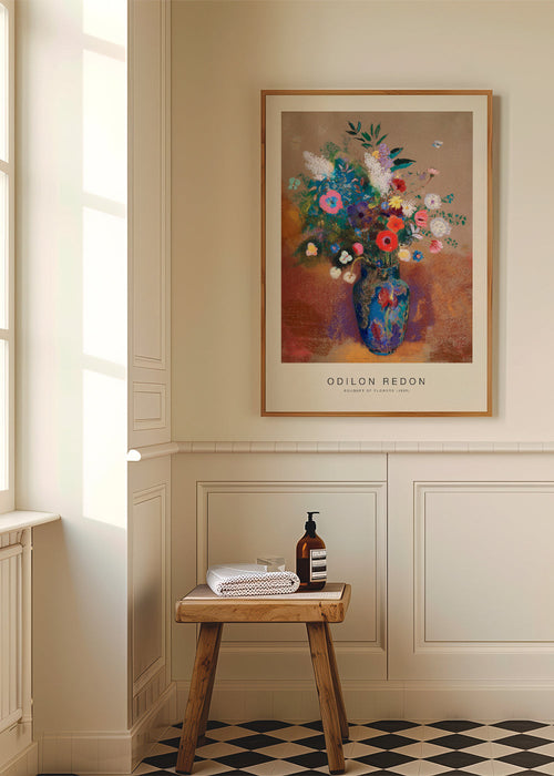 Botanische print blauwe vaas met kleurrijk boeket