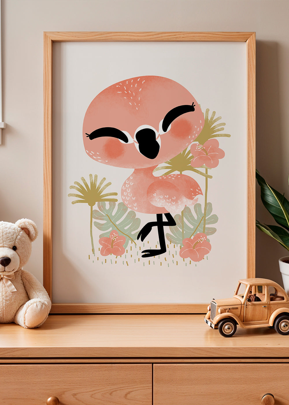 Kinderposter vrolijke roze flamingo