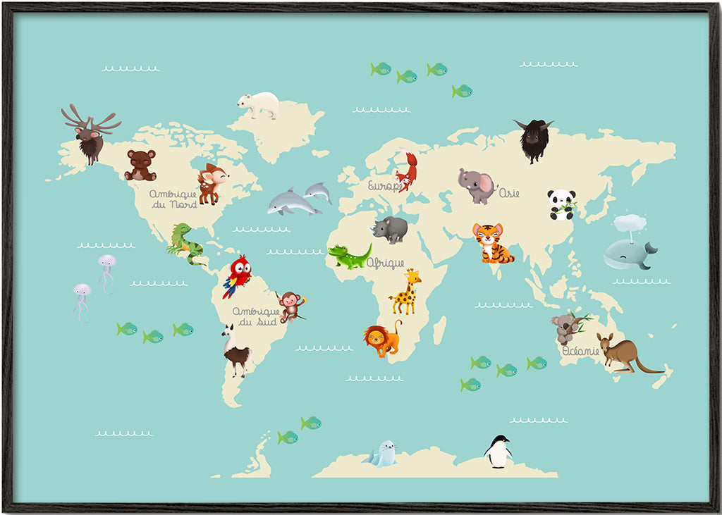 Kinderposter wereldkaart met dieren