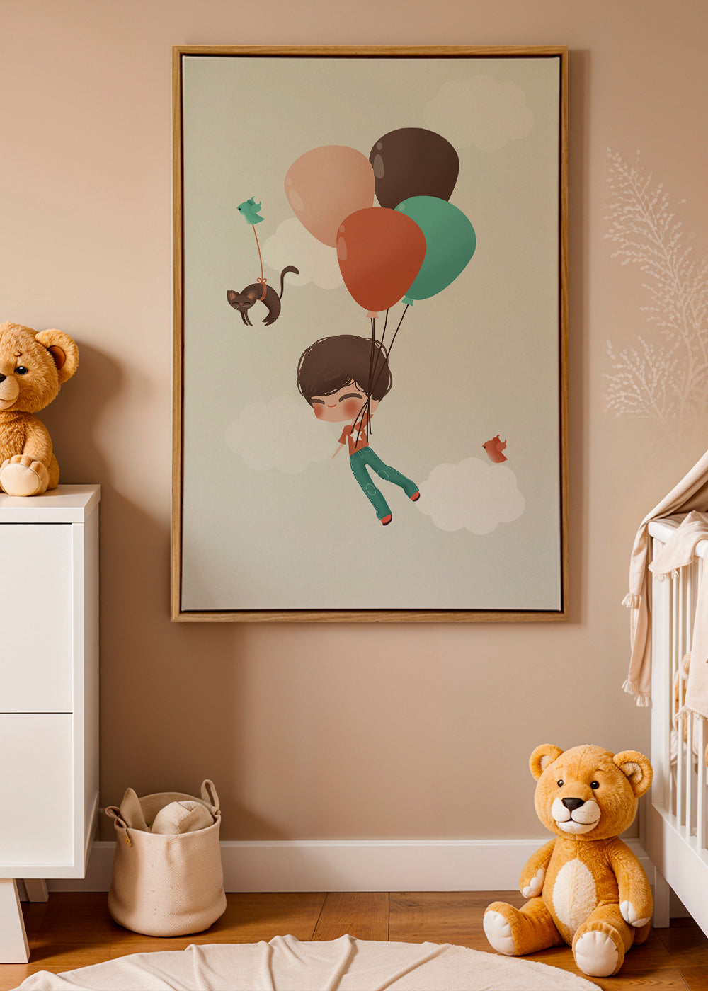 Kinderposter jongen zwevend met ballonnen