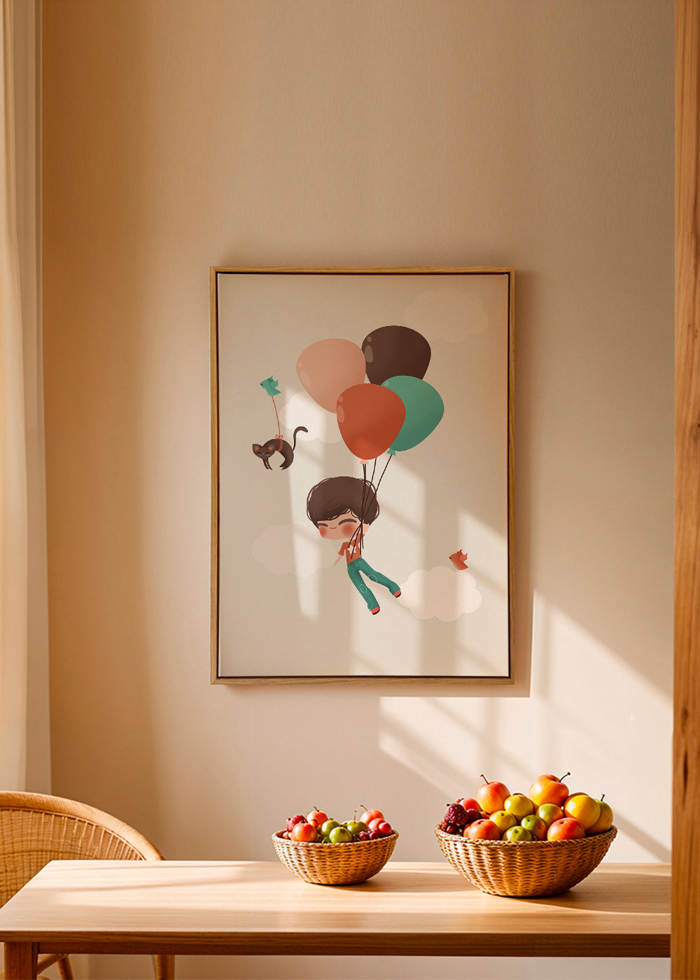 Kinderposter jongen zwevend met ballonnen