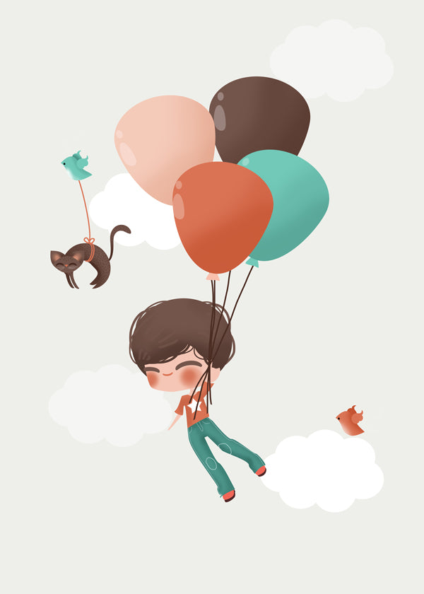 Kinderposter jongen zwevend met ballonnen