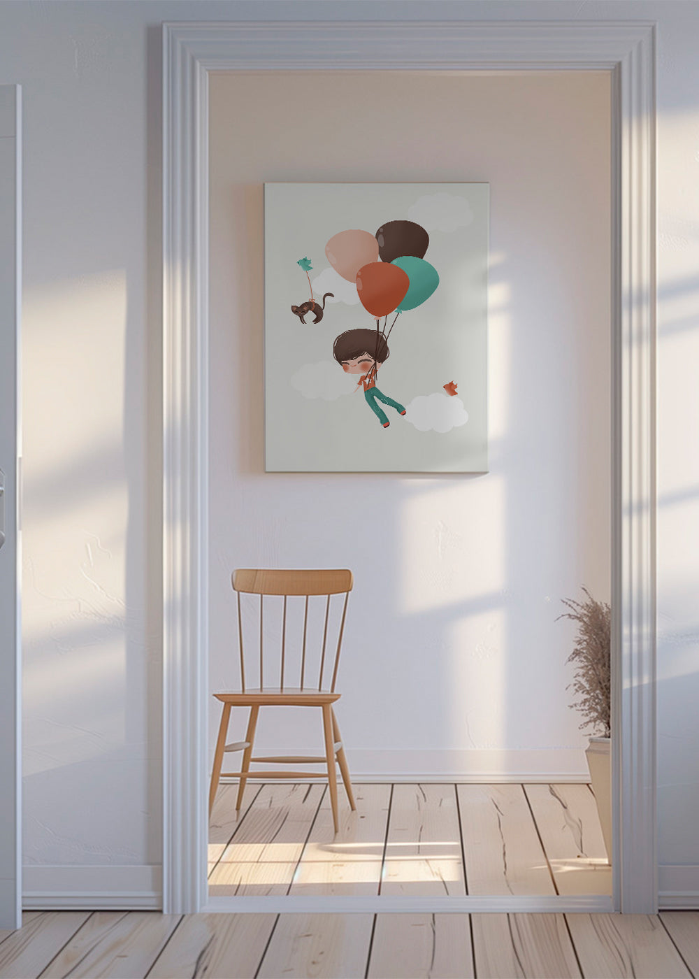 Kinderposter jongen zwevend met ballonnen