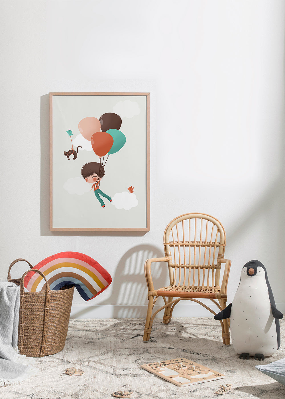 Kinderposter jongen zwevend met ballonnen