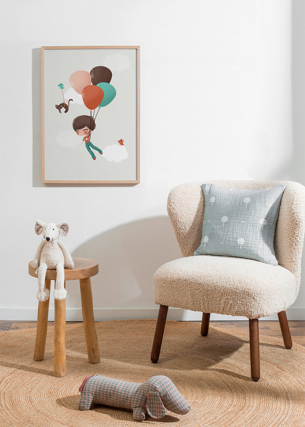 Kinderposter jongen zwevend met ballonnen