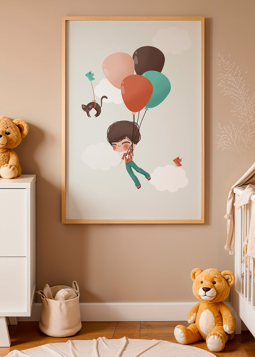 Kinderposter jongen zwevend met ballonnen