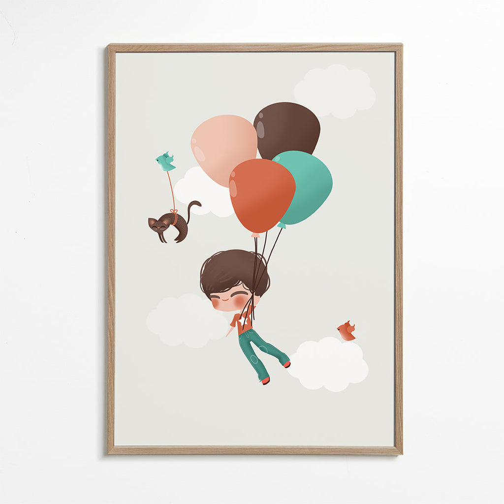 Kinderposter jongen zwevend met ballonnen