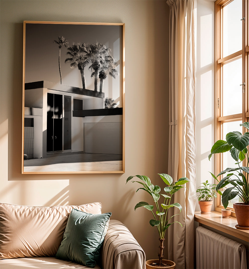 Fotografie van modern huis in Palm Springs in zwart-wit