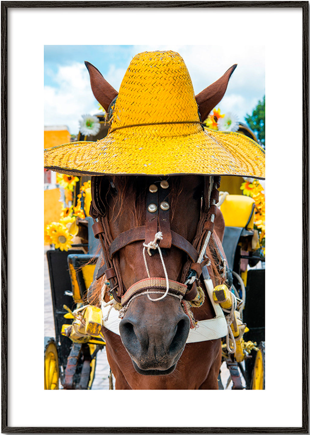 Paardportret met gele hoed – Black Frame