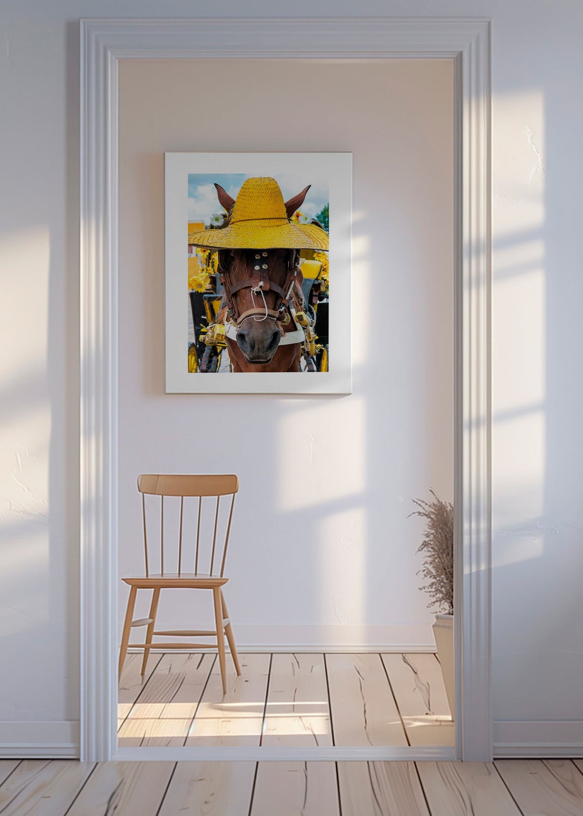 Paardportret met gele hoed – Canvas