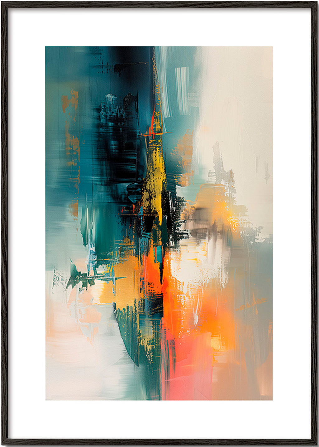 Abstract kunstwerk verticaal met blauwe en oranje streken – Black Frame