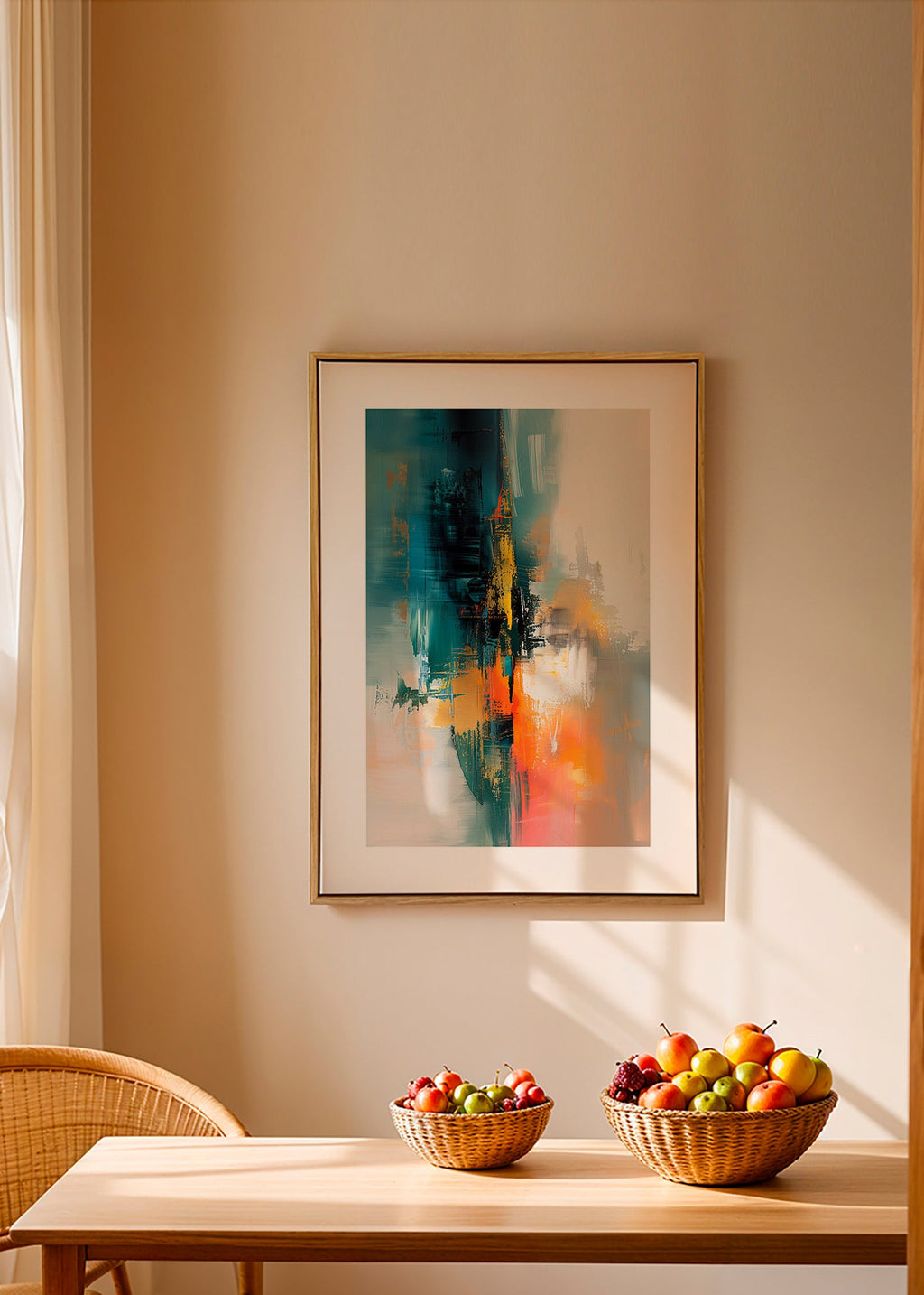 Abstract kunstwerk verticaal met blauwe en oranje streken – Canvas2