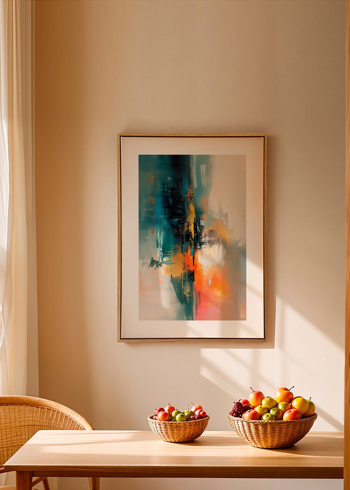 Abstract kunstwerk verticaal met blauwe en oranje streken – Canvas2