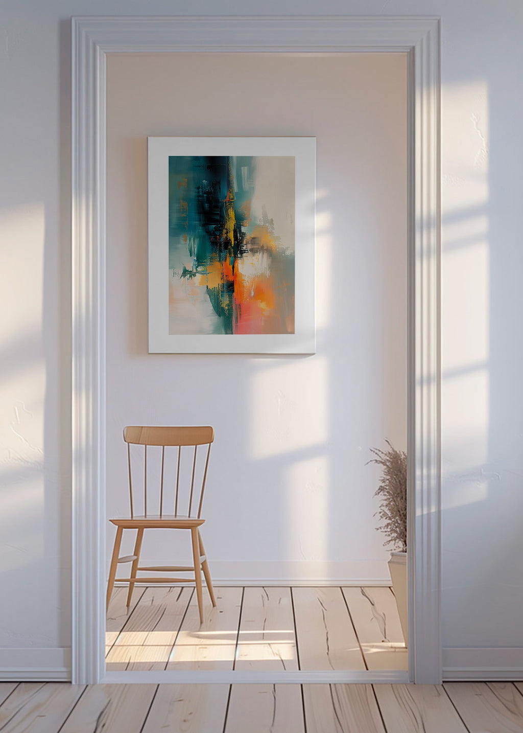 Abstract kunstwerk verticaal met blauwe en oranje streken – Canvas