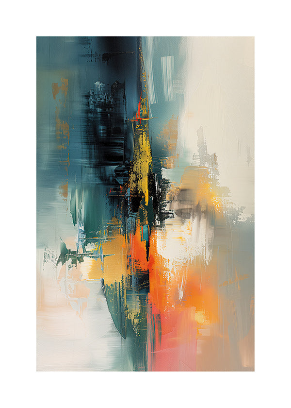 Abstract kunstwerk verticaal met blauwe en oranje streken