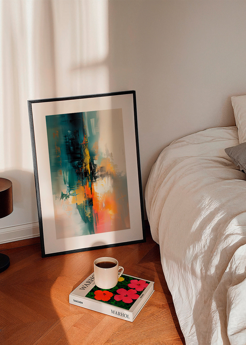 Abstract kunstwerk verticaal met blauwe en oranje streken – Product1