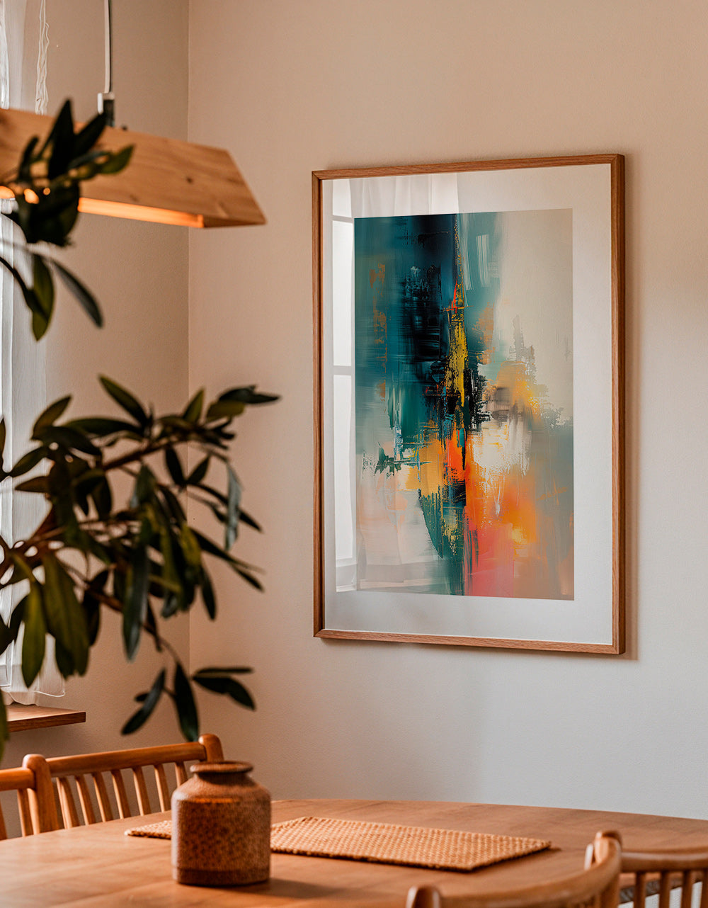 Abstract kunstwerk verticaal met blauwe en oranje streken – Product2
