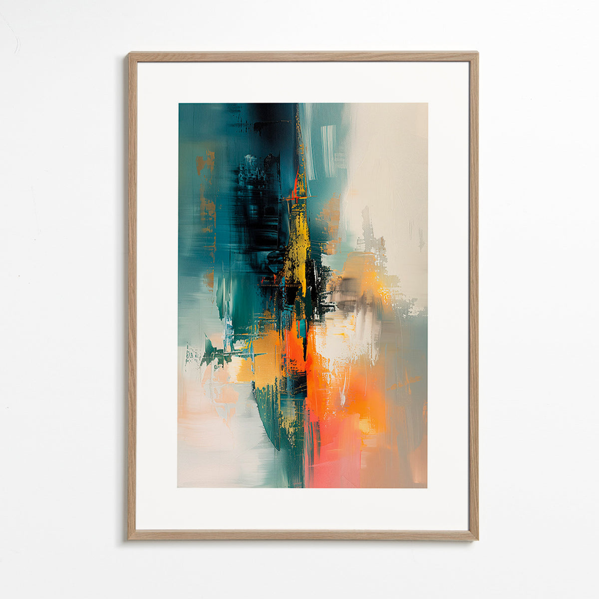 Abstract kunstwerk verticaal met blauwe en oranje streken – Oak Frame