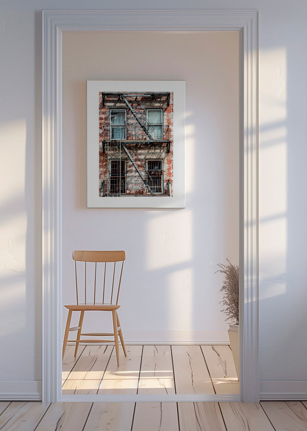 Stadsfoto van gevel met brandtrap – Canvas