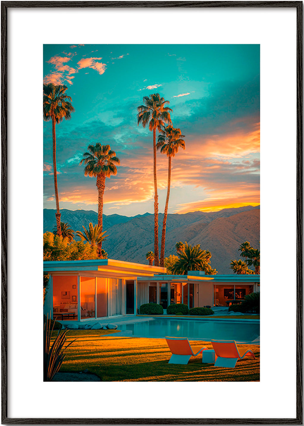Landschap kunst: palmbomen bij zonsondergang en zwembad – Black Frame