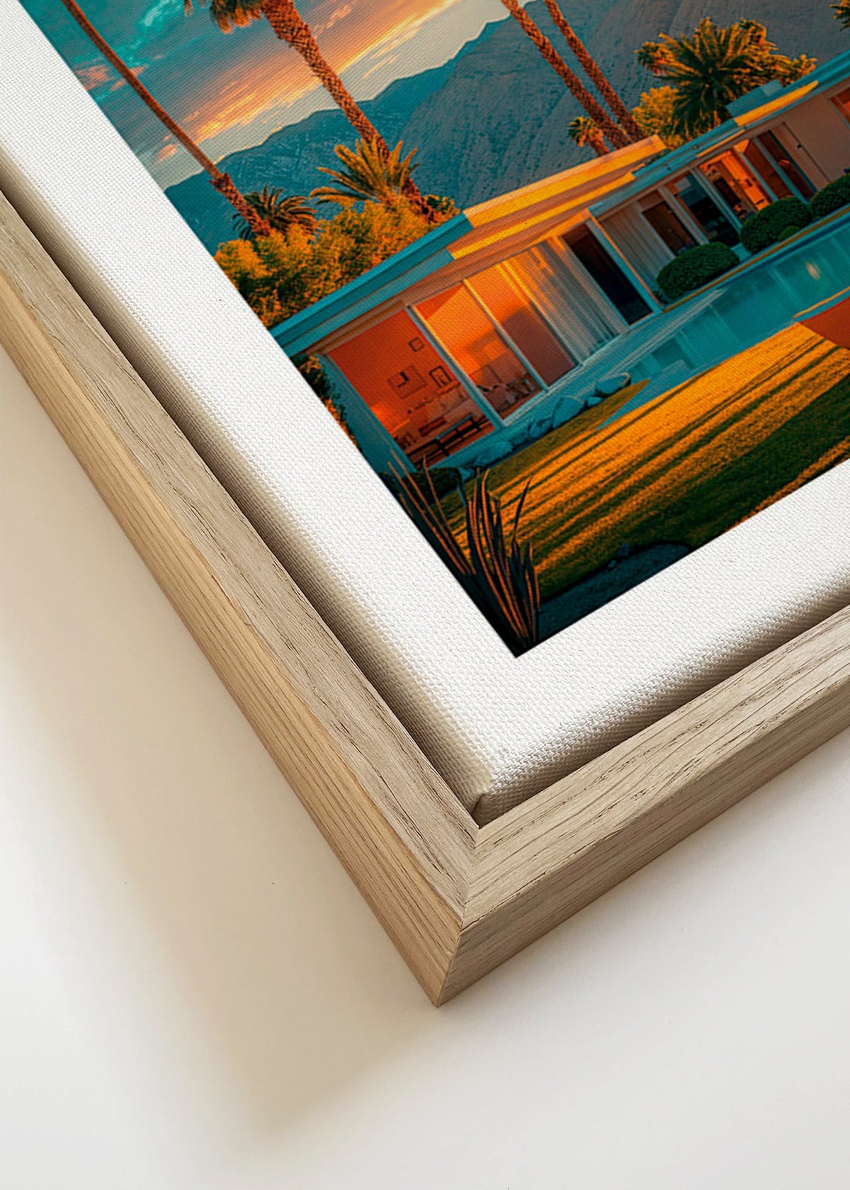 Landschap kunst: palmbomen bij zonsondergang en zwembad – Canvas detail