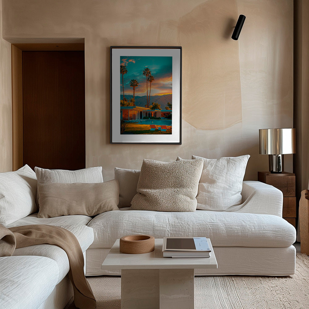 Landschap kunst: palmbomen bij zonsondergang en zwembad – Canvas1