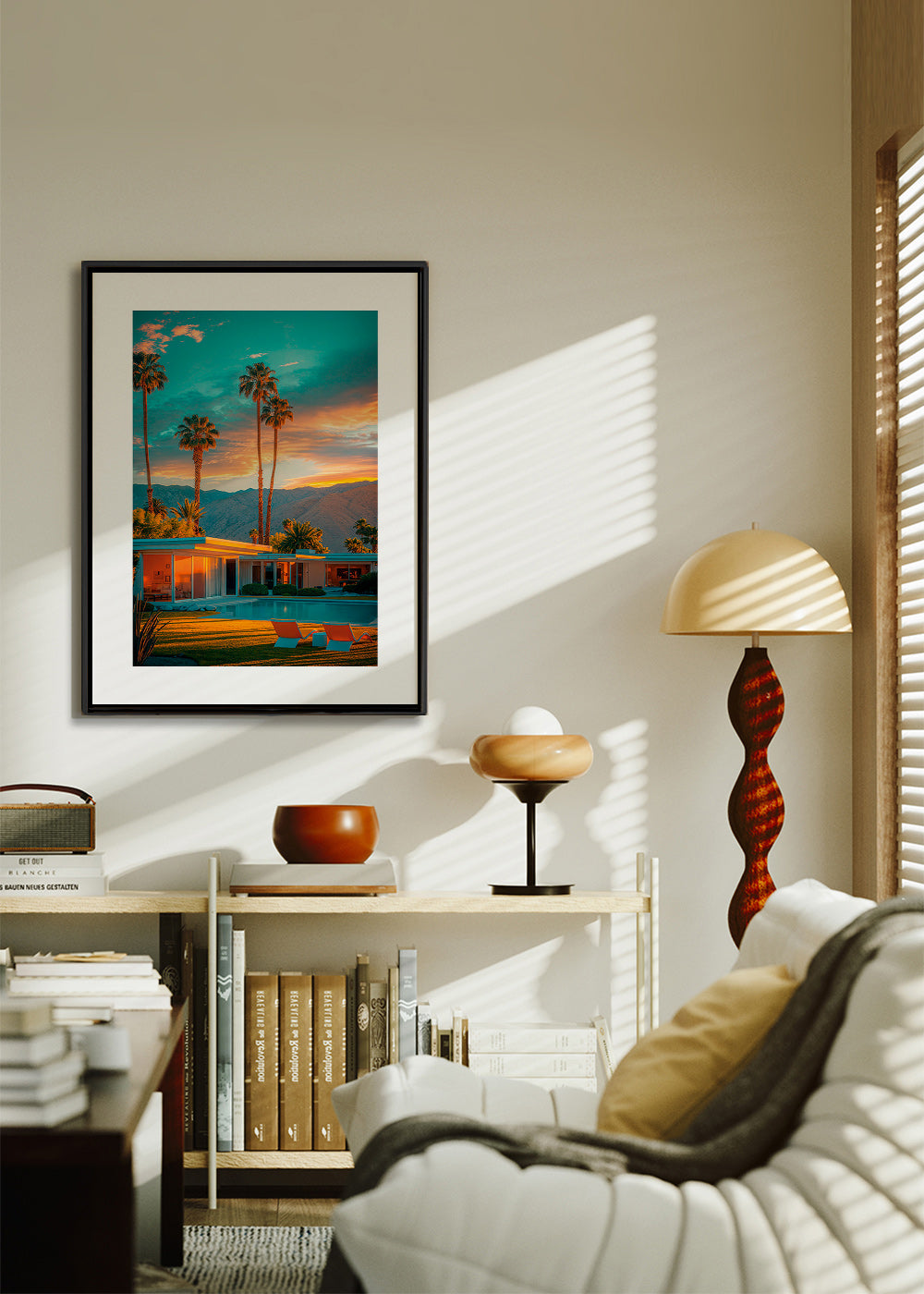 Landschap kunst: palmbomen bij zonsondergang en zwembad – Canvas2