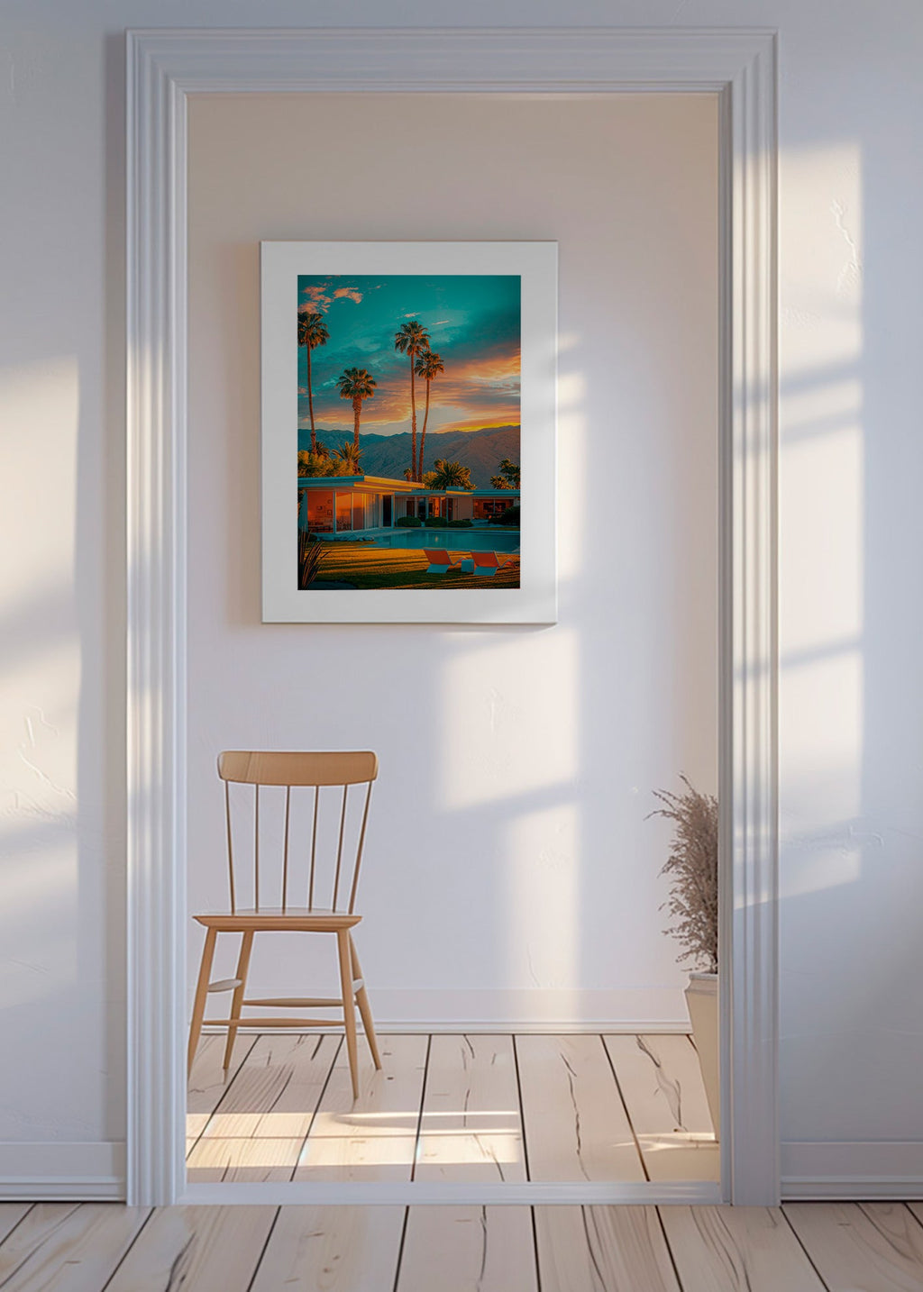 Landschap kunst: palmbomen bij zonsondergang en zwembad – Canvas