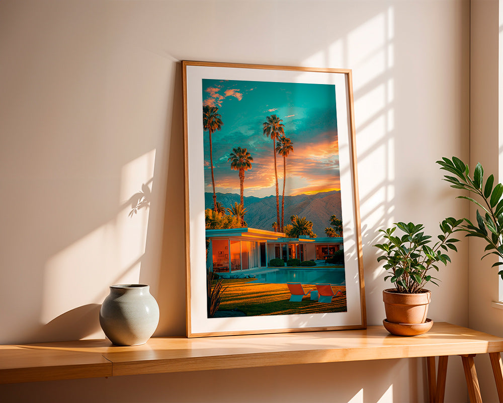 Landschap kunst: palmbomen bij zonsondergang en zwembad – Product3