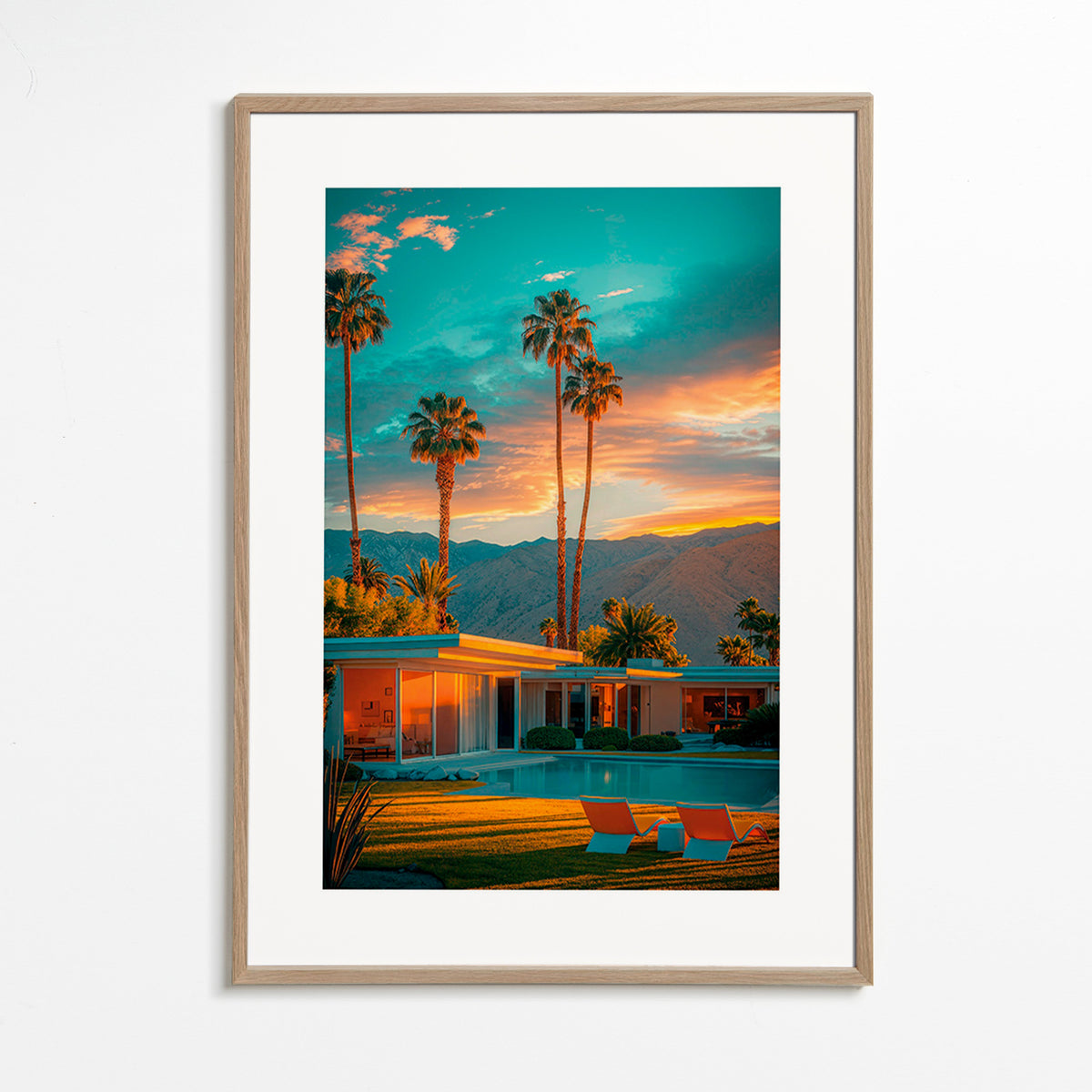 Landschap kunst: palmbomen bij zonsondergang en zwembad – Oak Frame