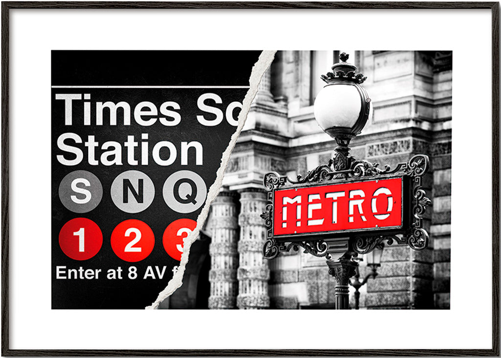 Reisposter met rood Metro-bord – Black Frame