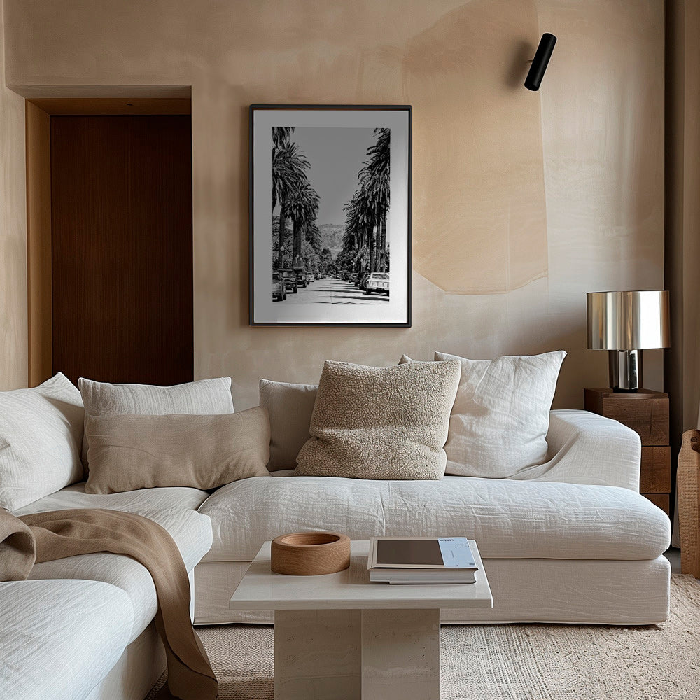 Reisposter Hollywood palmenstraat in zwart-wit – Canvas1
