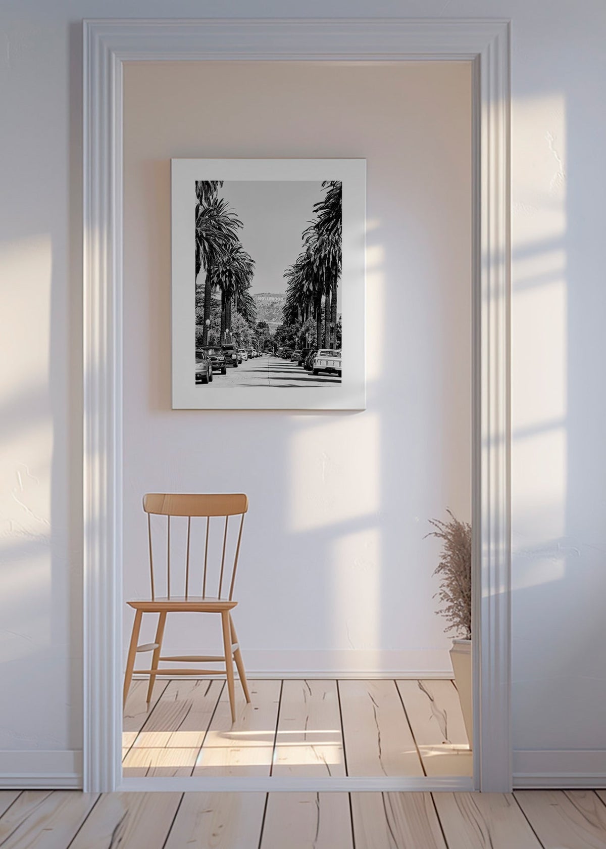 Reisposter Hollywood palmenstraat in zwart-wit – Canvas