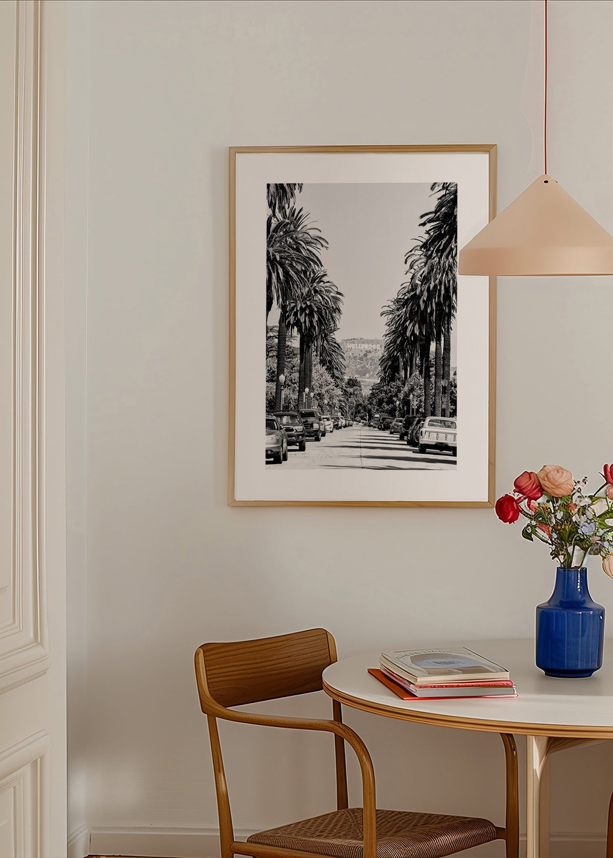 Reisposter Hollywood palmenstraat in zwart-wit – Product1