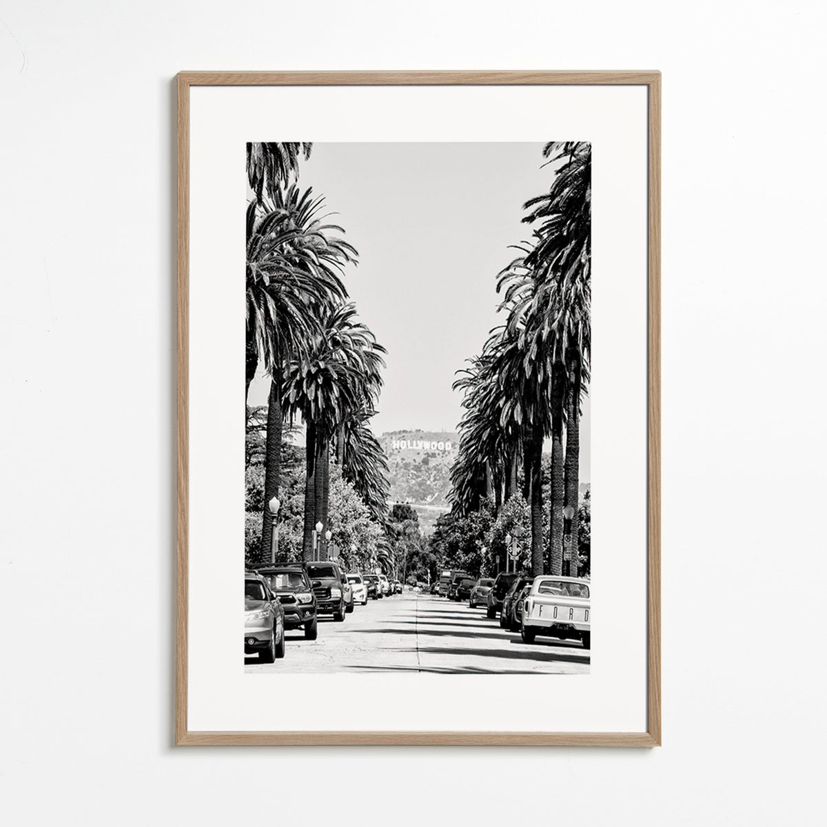 Reisposter Hollywood palmenstraat in zwart-wit – Oak Frame