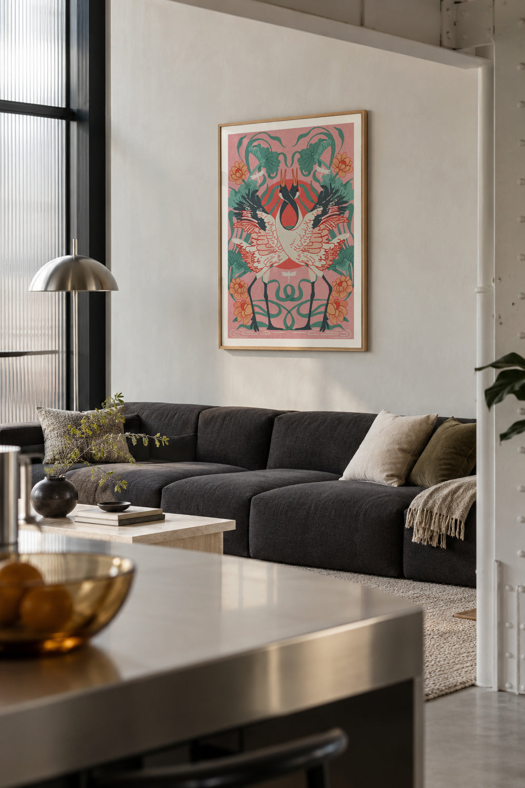 Dancing Cranes - Framed poster in an interior