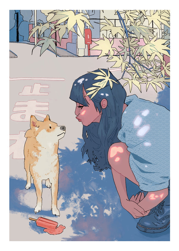 Illustratie meisje met shiba