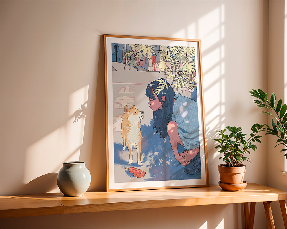 Illustratie meisje met shiba