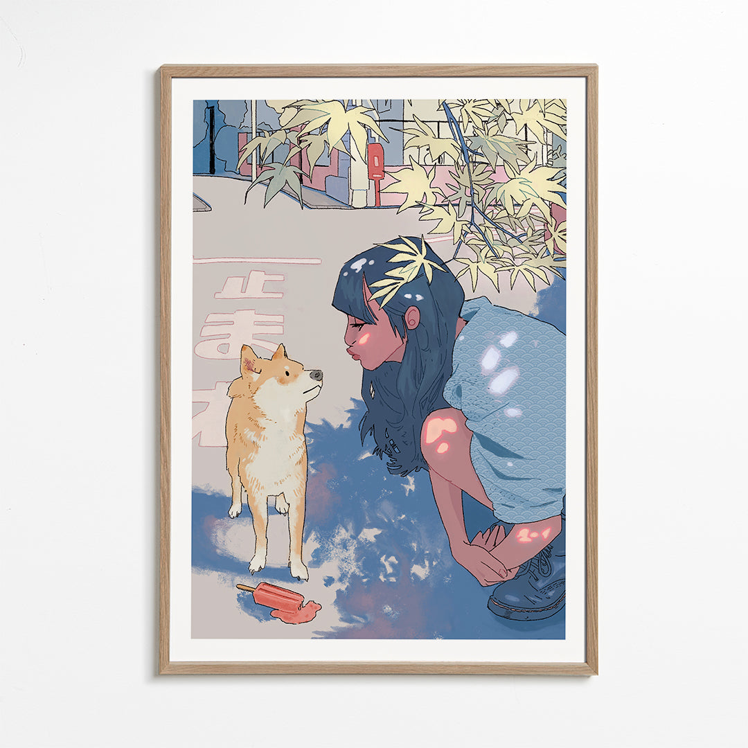 Illustratie meisje met shiba
