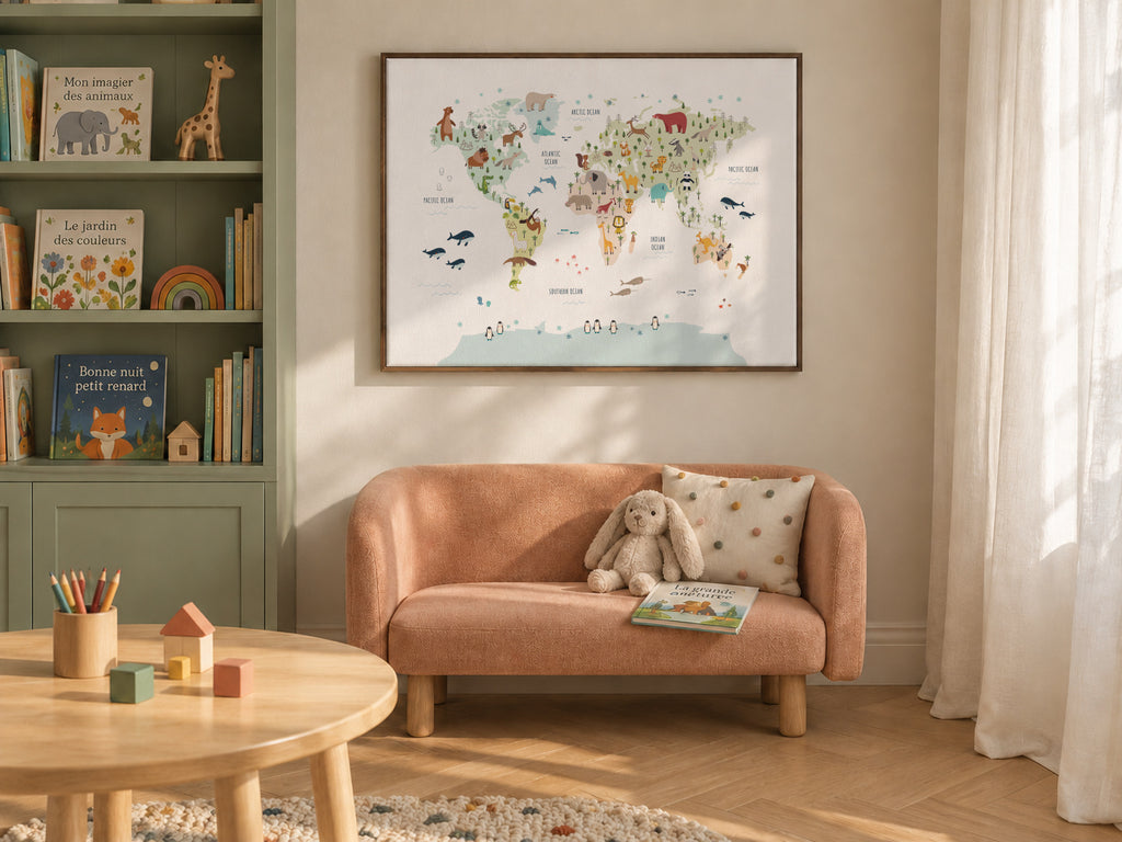 World Map with animals colours - Framed canvas in an interior