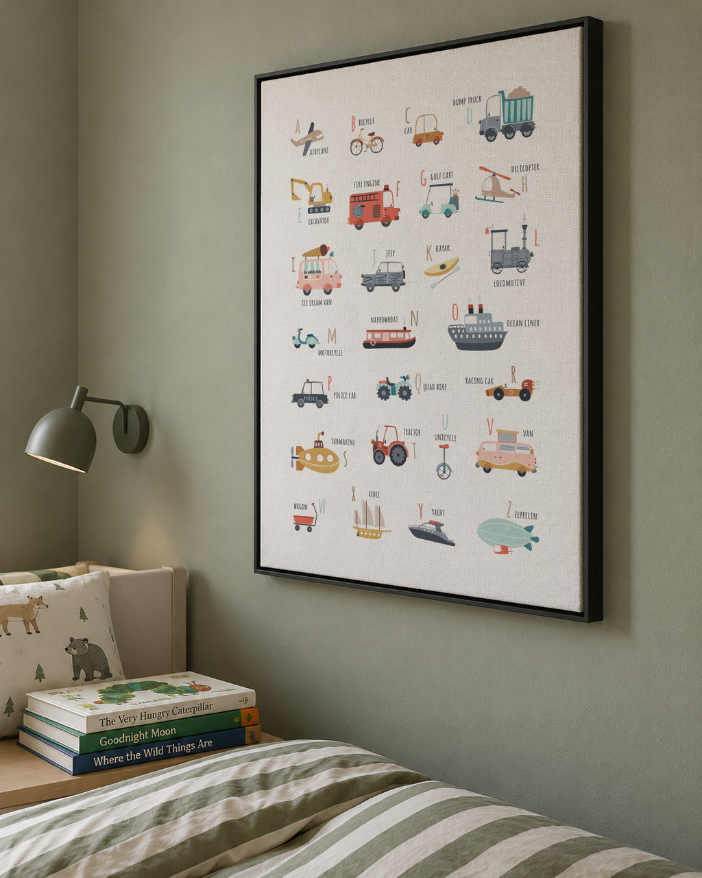 Alphabet transports (English) - Framed canvas in an interior