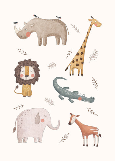 Kinderposter met zachte safari-dieren