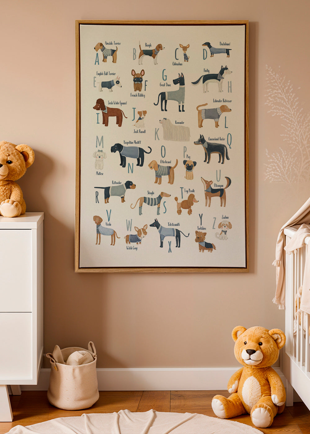 Kinderposter: alfabet met honden in blauw