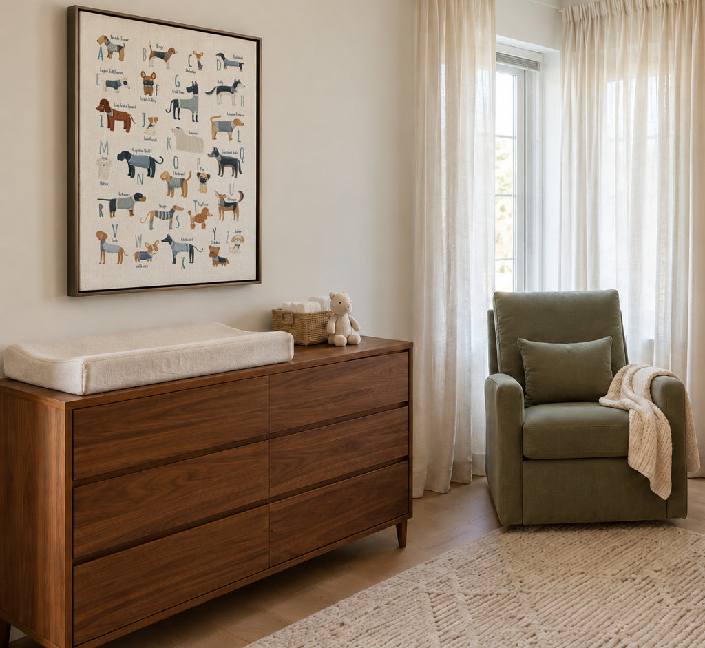 Abecedario con perros (azul) - Framed canvas in an interior