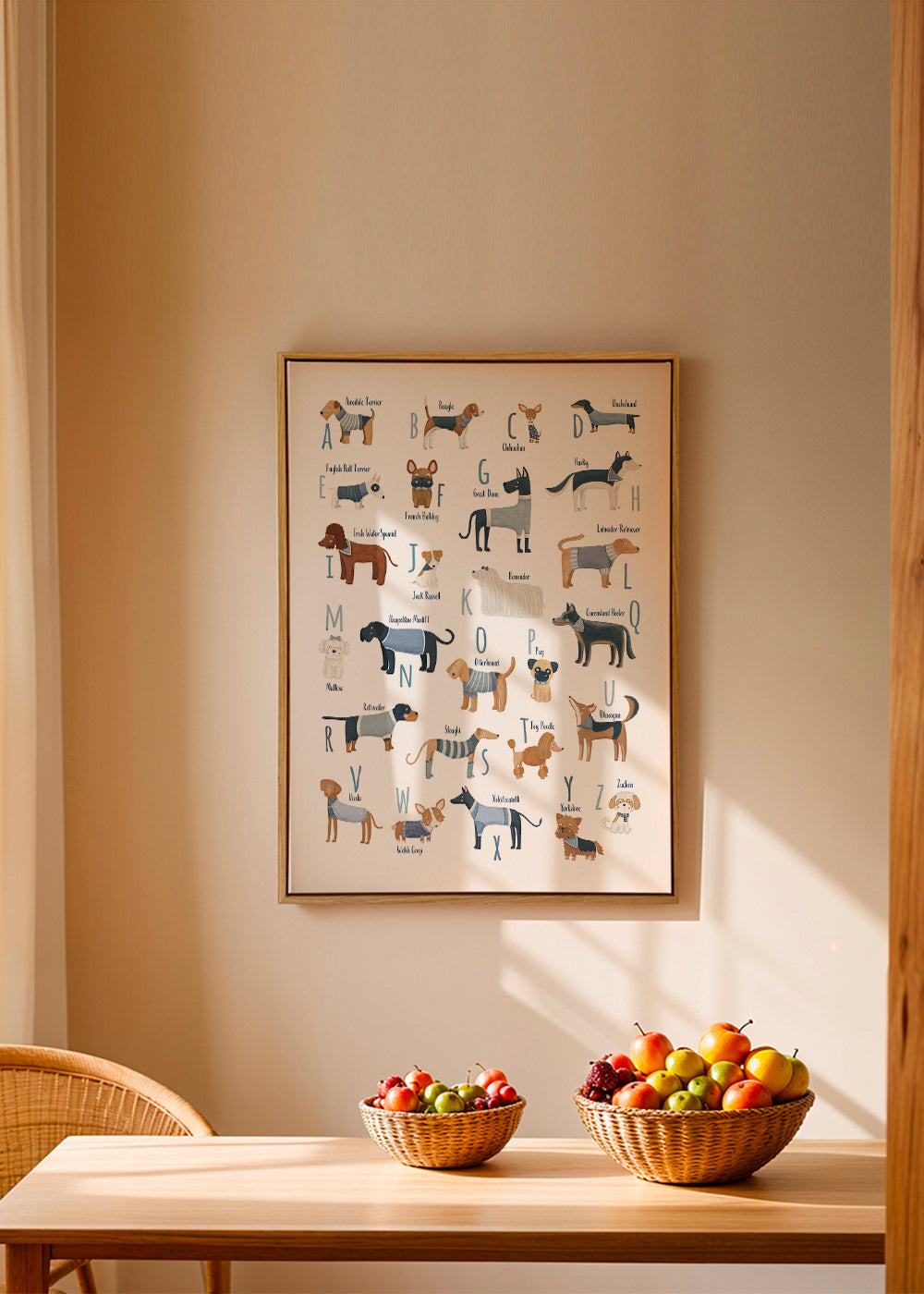 Kinderposter: alfabet met honden in blauw