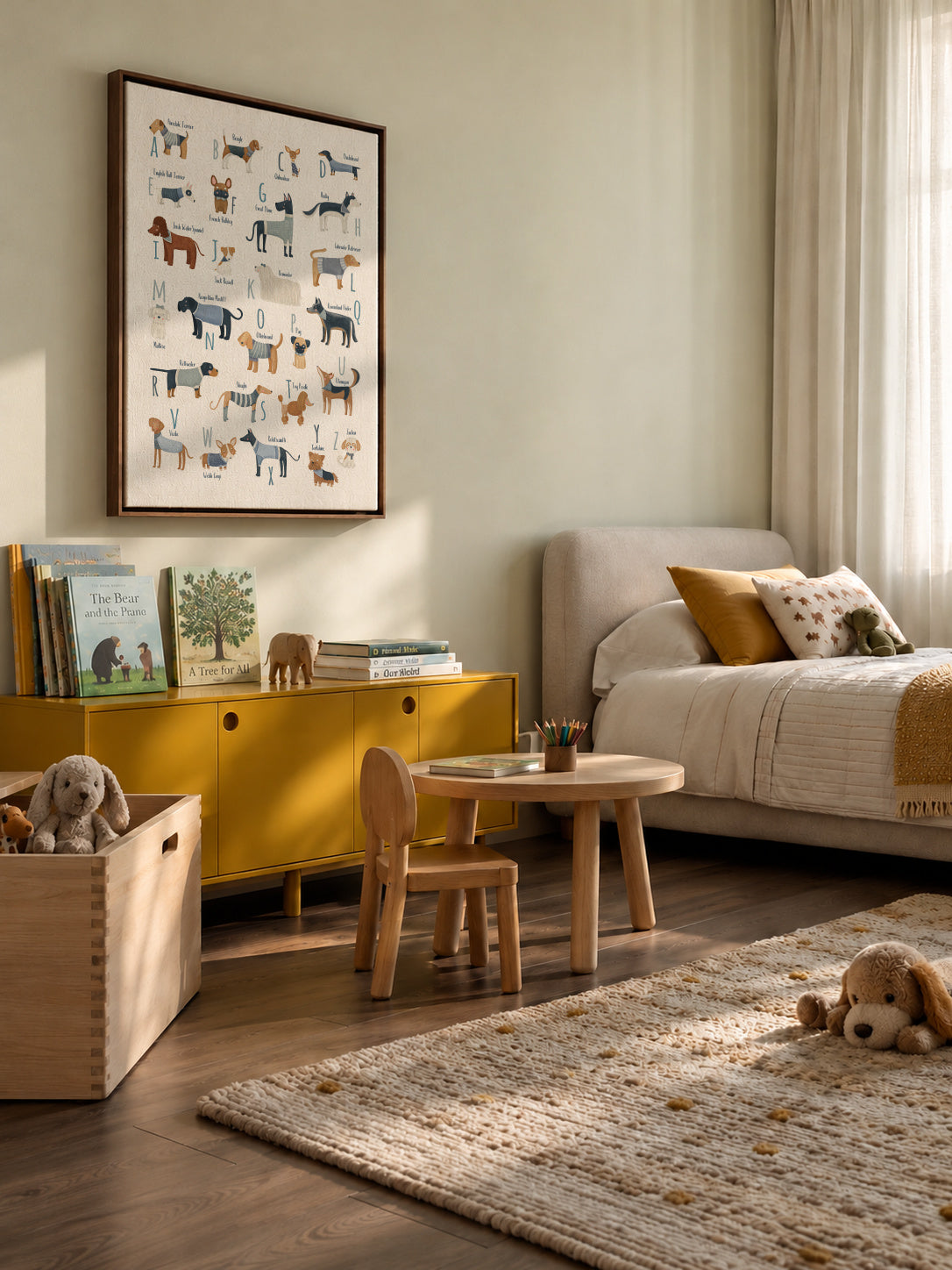 Abecedario con perros (azul) - Framed canvas in an interior