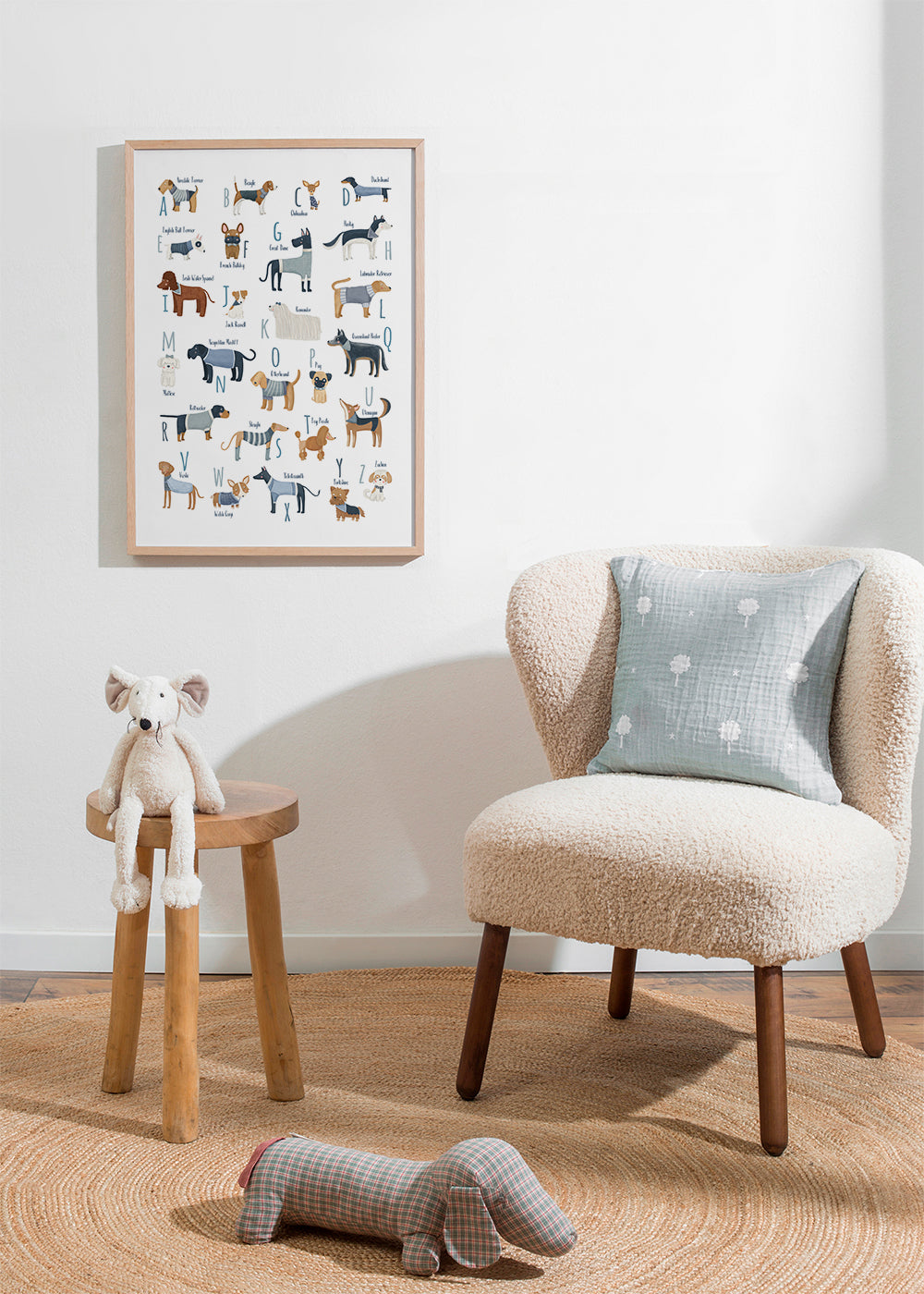 Kinderposter: alfabet met honden in blauw